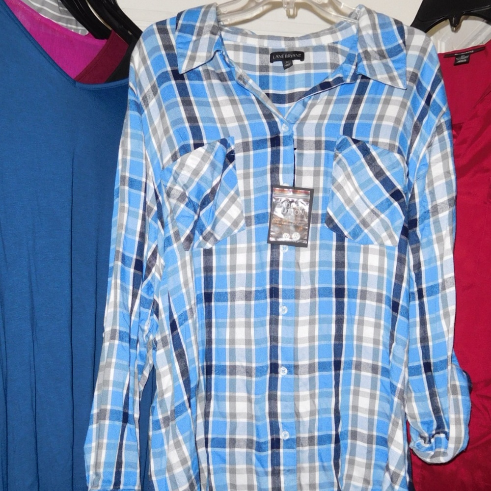 CO3 - NWT 26W LANE BRYANT BLUE PLAID FLANNEL BLOUSE 100%